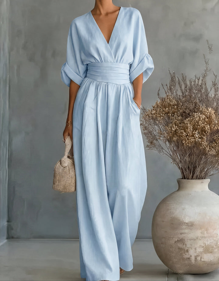 Daniela – Tuta elegante con scollo a V e pantaloni a gamba larga