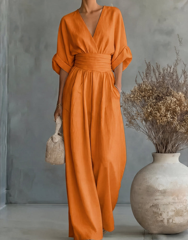 Daniela – Tuta elegante con scollo a V e pantaloni a gamba larga