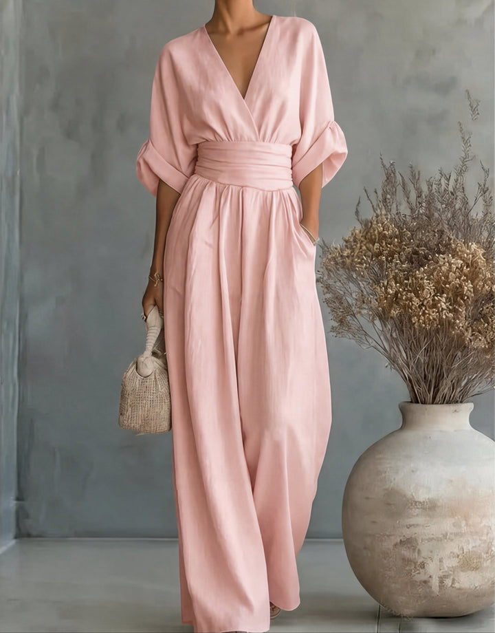 Daniela – Tuta elegante con scollo a V e pantaloni a gamba larga