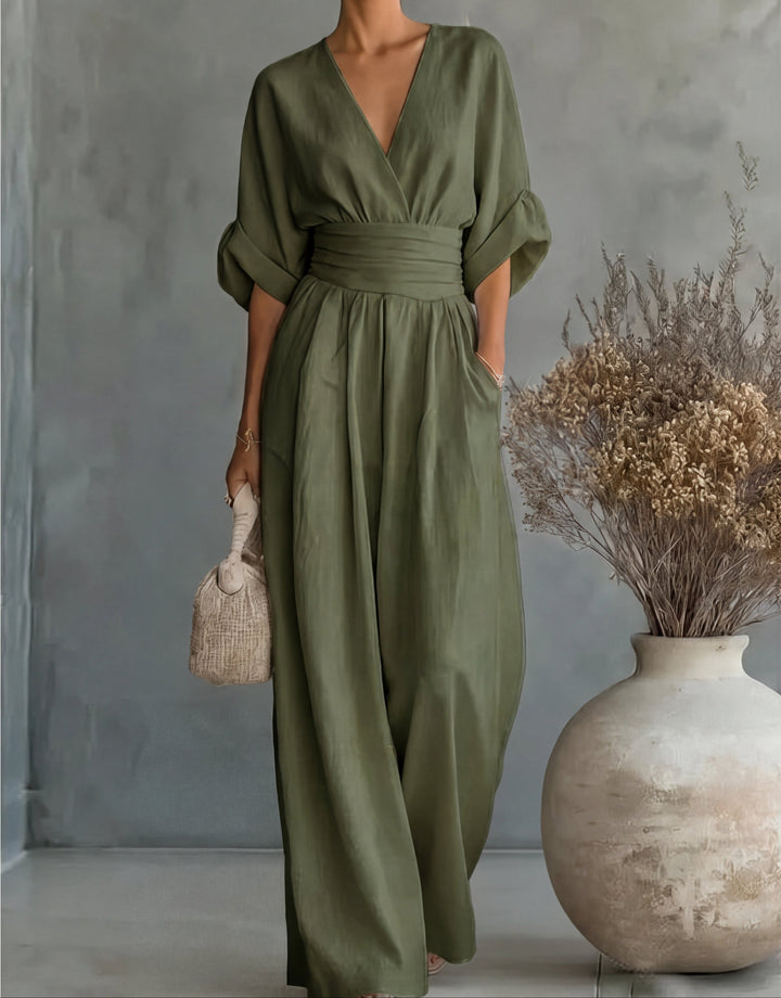 Daniela – Tuta elegante con scollo a V e pantaloni a gamba larga