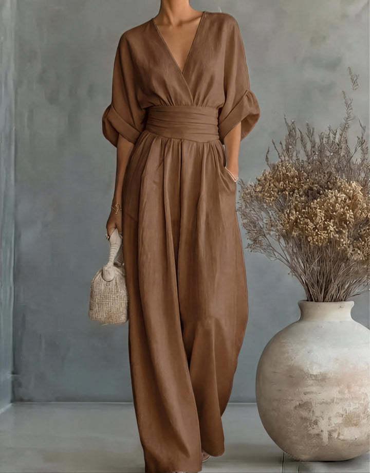 Daniela – Tuta elegante con scollo a V e pantaloni a gamba larga