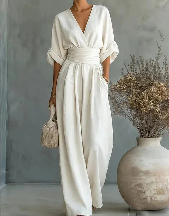 Daniela – Tuta elegante con scollo a V e pantaloni a gamba larga