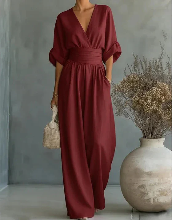 Daniela – Tuta elegante con scollo a V e pantaloni a gamba larga