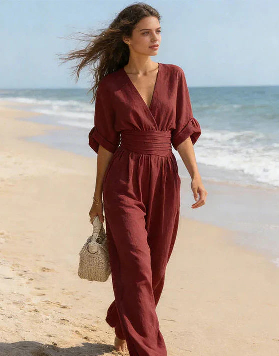 Daniela – Tuta elegante con scollo a V e pantaloni a gamba larga